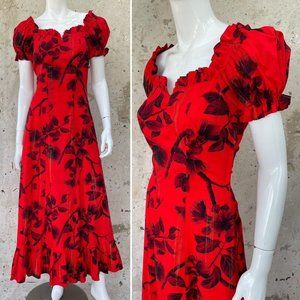 1940’s Liberty House Red Cotton Hawaiian Dress, Puff Sleeves, Small